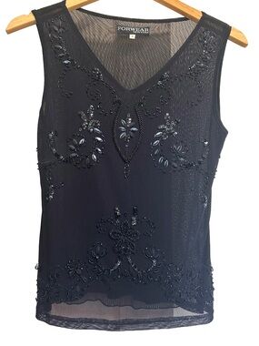 Vintage Forwear New York Beaded Mesh Top - Sheer Black